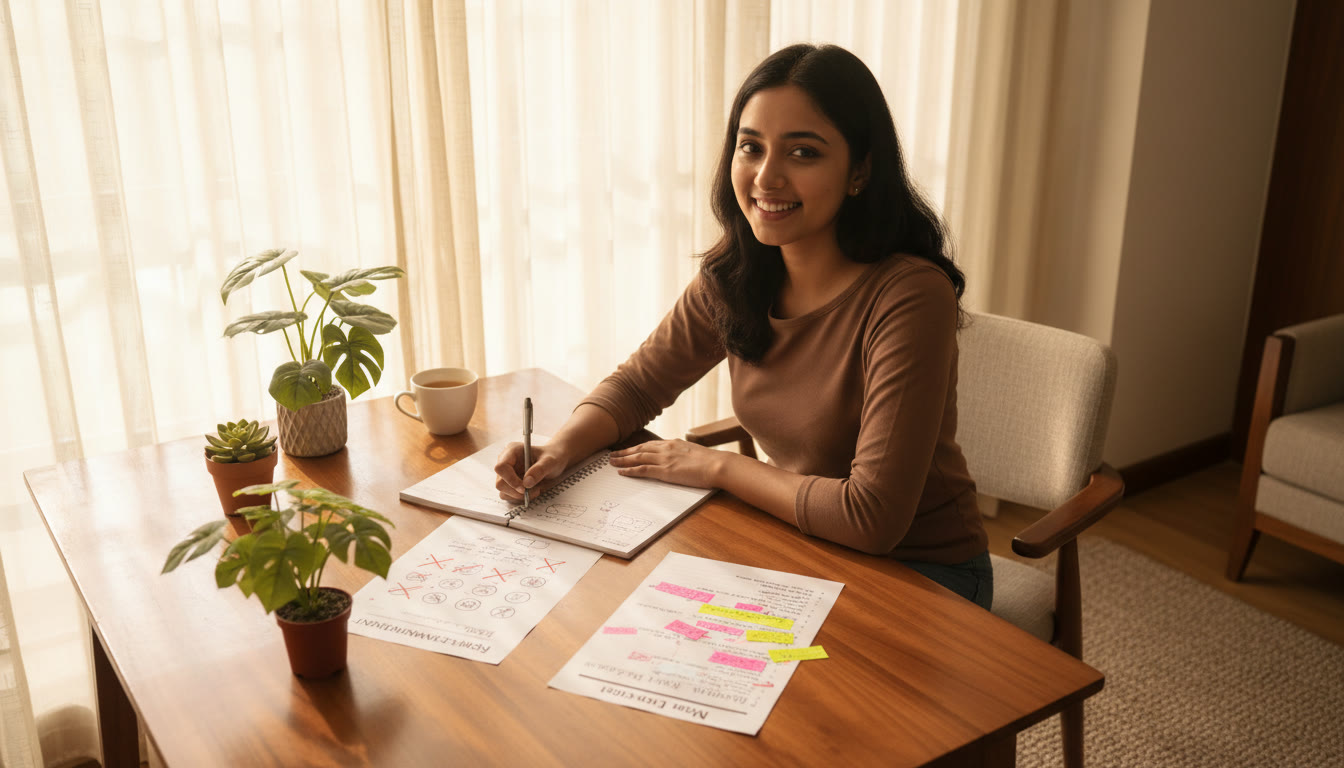 Photo Idea : Student sitting at a desk with a mock answer sheet, notebook open to corrections and a highlighted mistake list