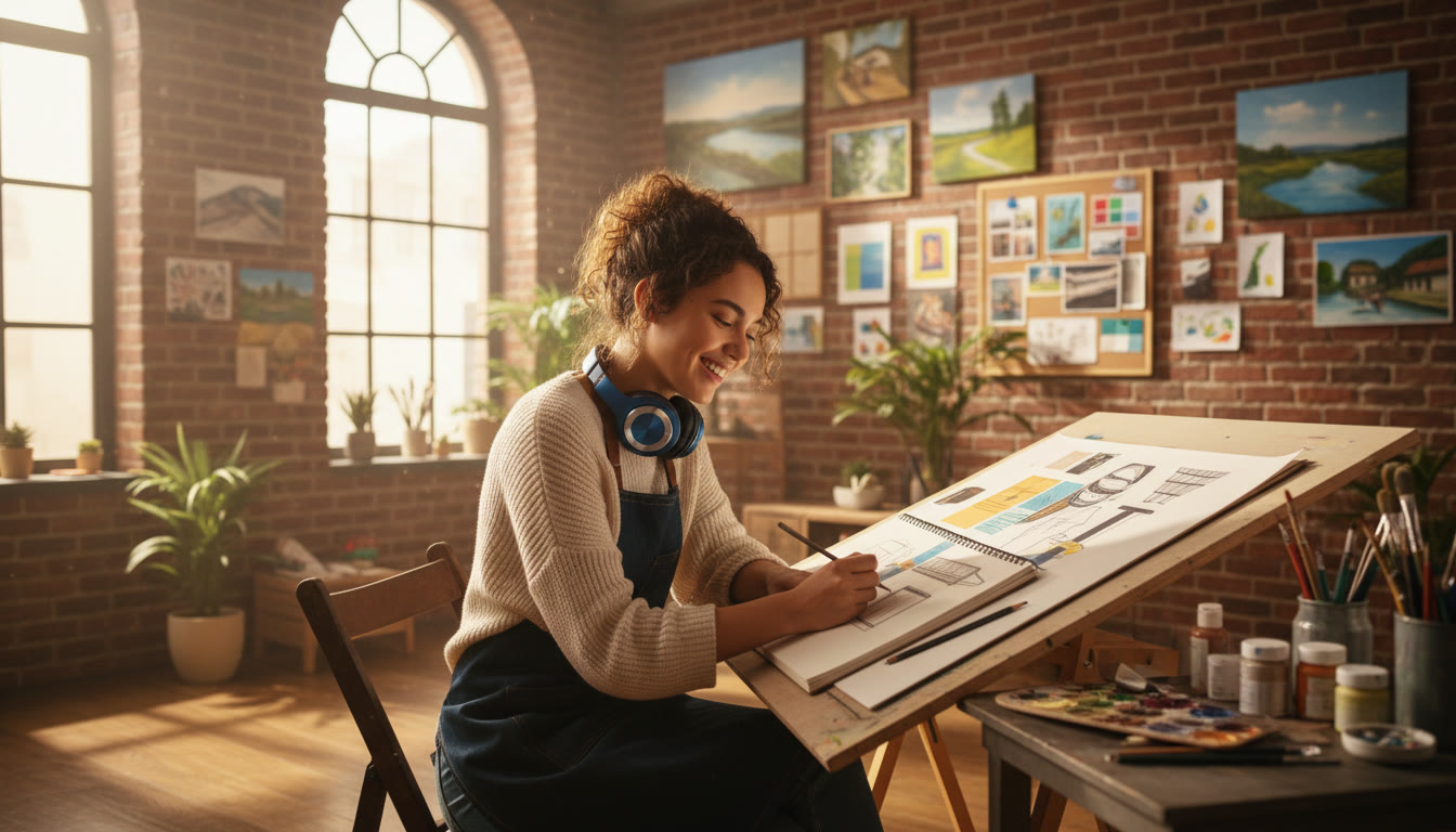 Photo Idea : student in a sunlit studio sketching while headphones rest around their neck