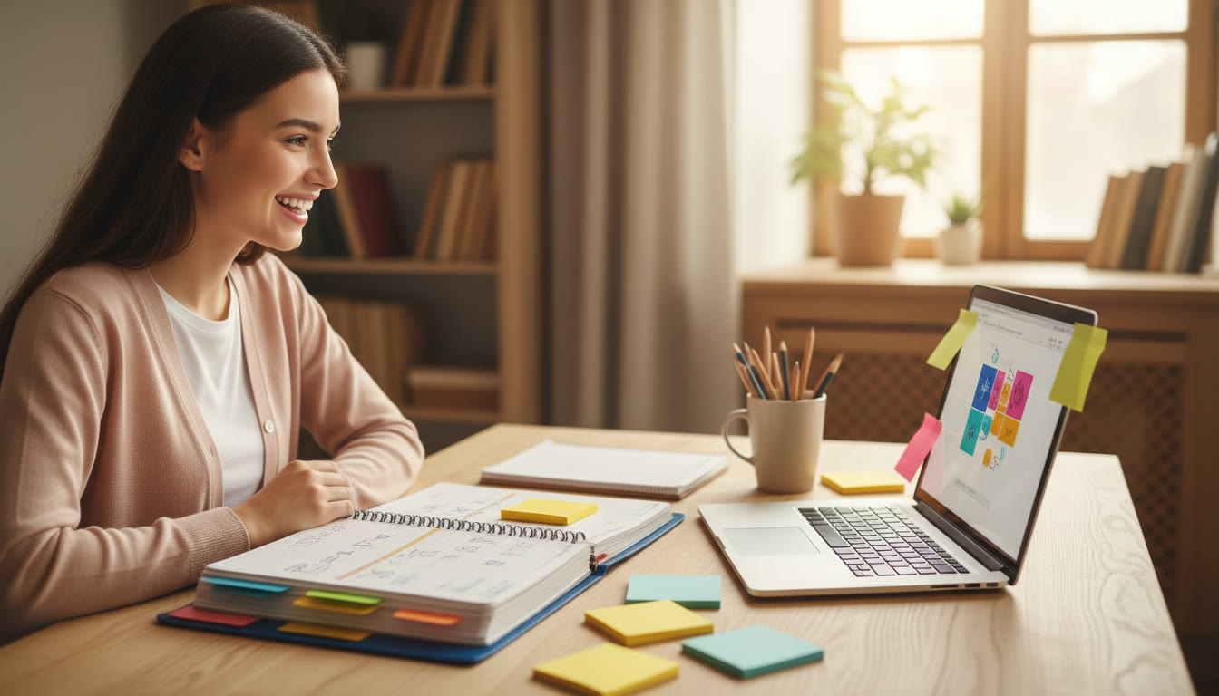 Photo Idea : Student at a tidy desk with a laptop, color-coded planner, and sticky notes
