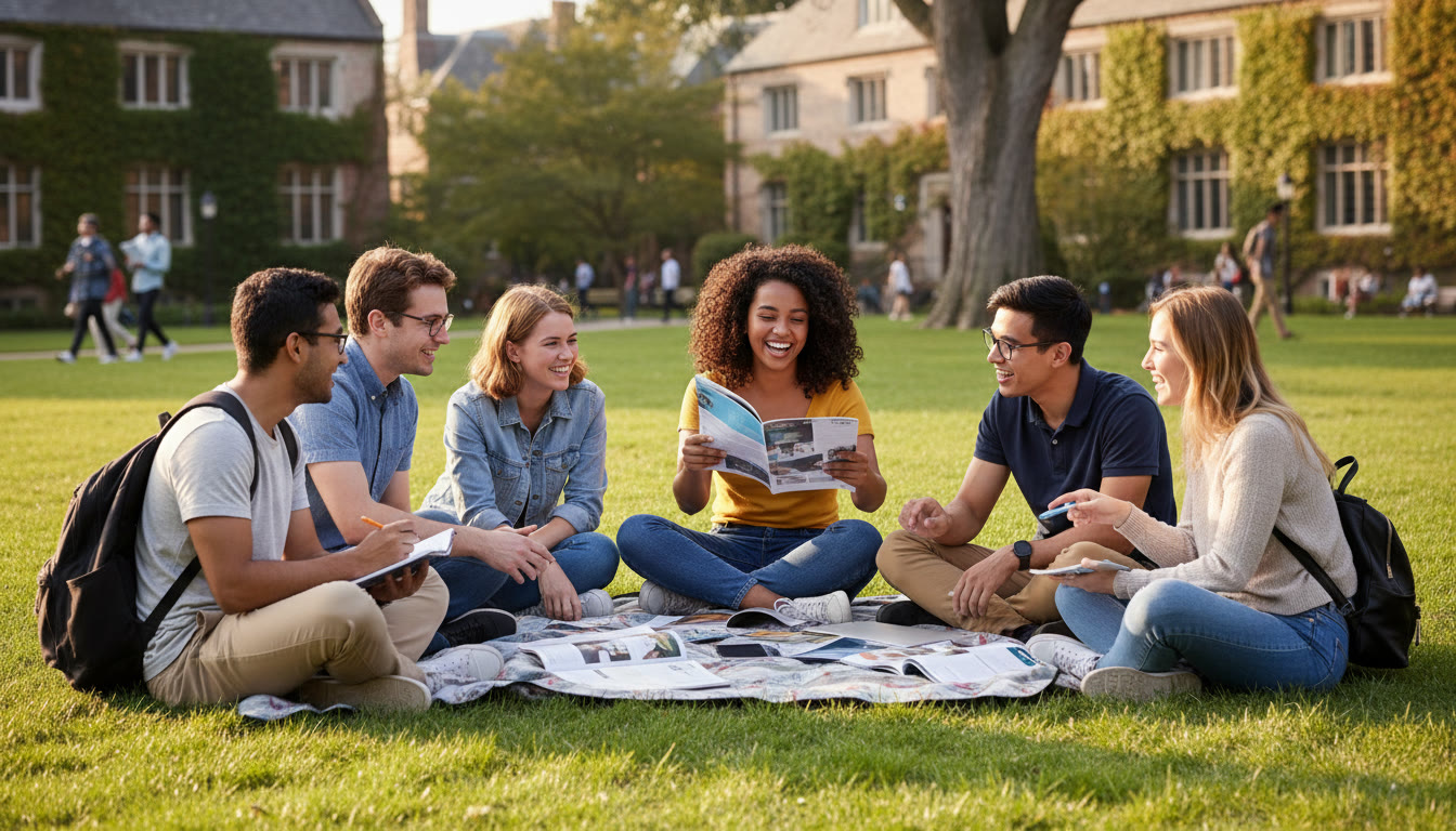 Photo Idea : A diverse group of IB students sitting together on a campus green, reviewing brochures and laughing while a student takes notes