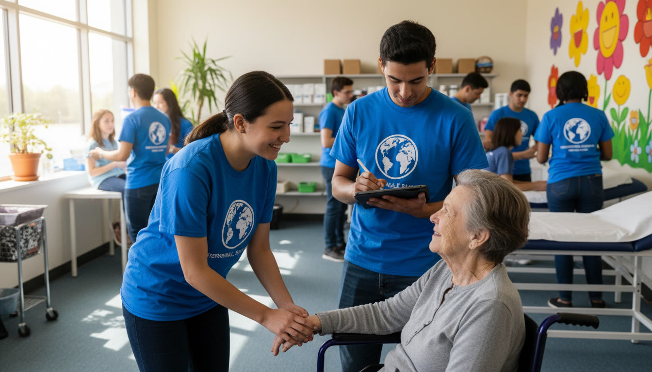 Photo Idea : Students volunteering in a community clinic, one student listening compassionately to a patient while another takes notes