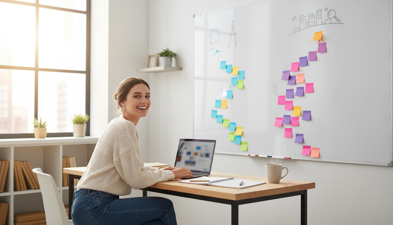 Photo Idea : student at a desk with two sticky-note paths on a whiteboard labeled 