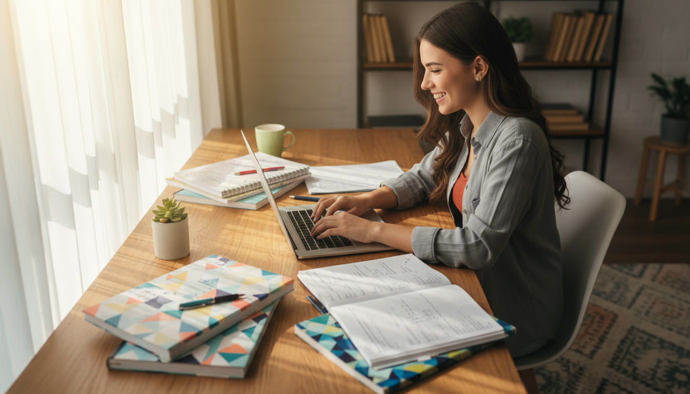 Photo Idea : A focused student at a wooden desk, surrounded by IB notebooks, typing a reflective essay on a laptop in a sunlit study room