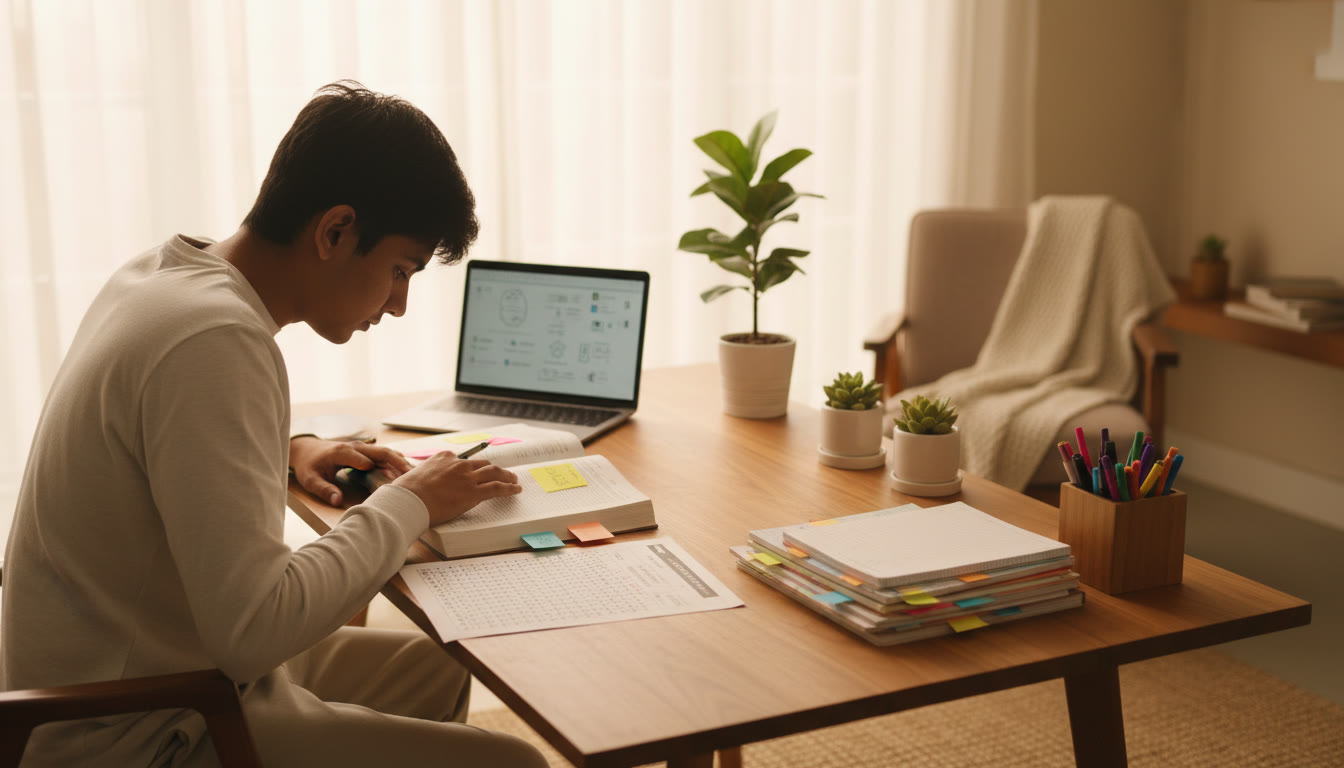 Photo Idea : A focused student at a desk with neatly organized notes, a textbook open, and a mock OMR sheet beside a laptop