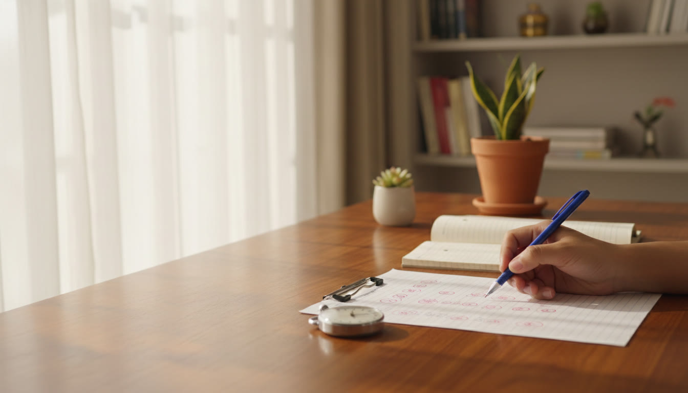 Photo Idea : A student at a desk with a marked test paper, a notebook labeled "Error Log", and a stop-watch beside a blue pen