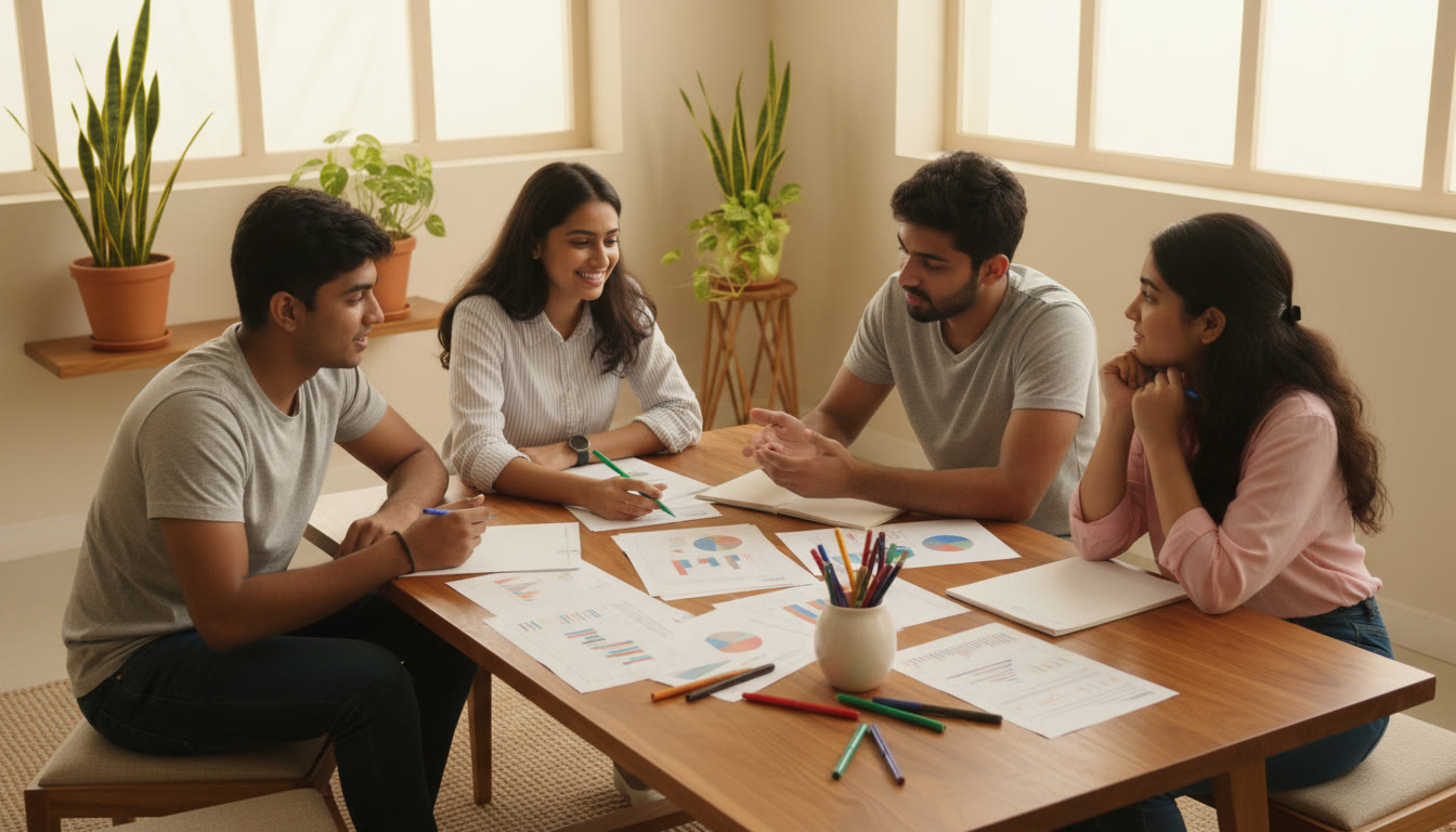 Photo Idea : A small group debriefing around a table with printed mock test reports and colored pens