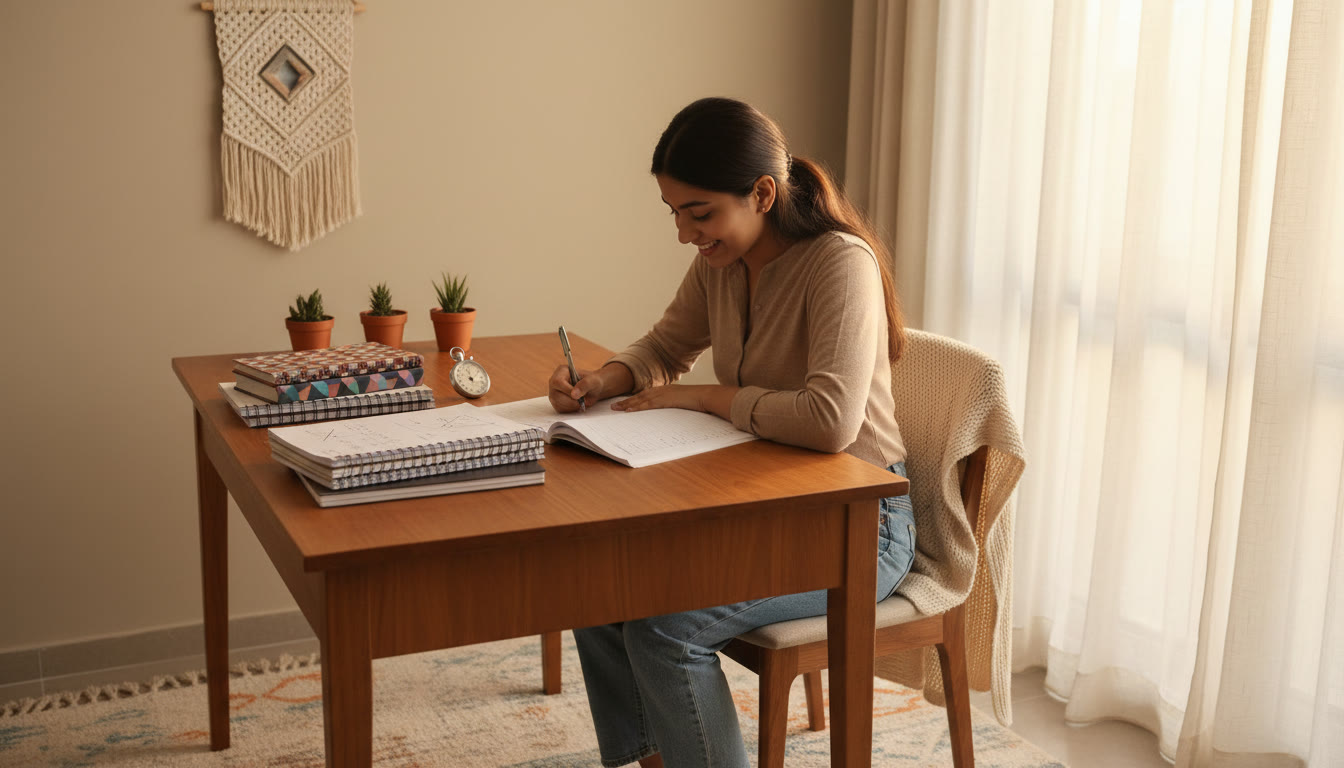 Photo Idea : A focused student writing answers at a desk with neat notes, a stopwatch and textbooks stacked to the side