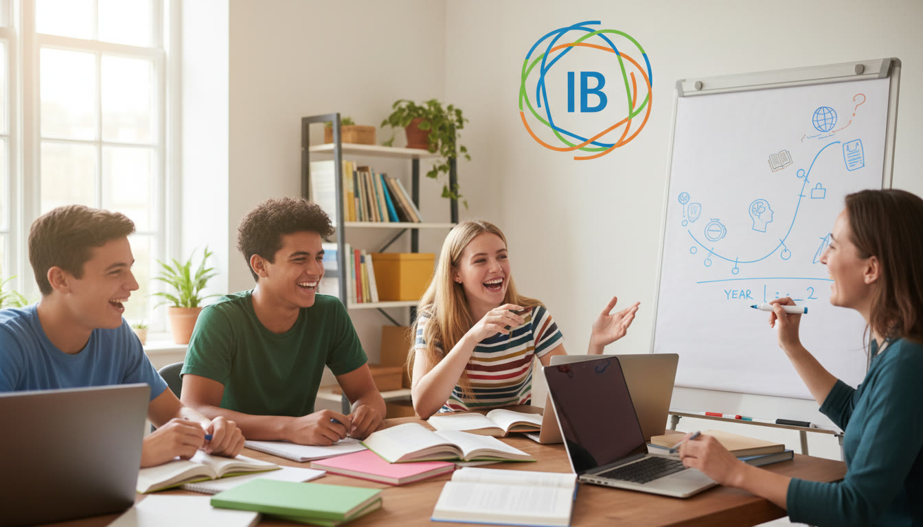 Photo Idea : a small study group working around a table with a tutor at a whiteboard mapping a two-year timeline