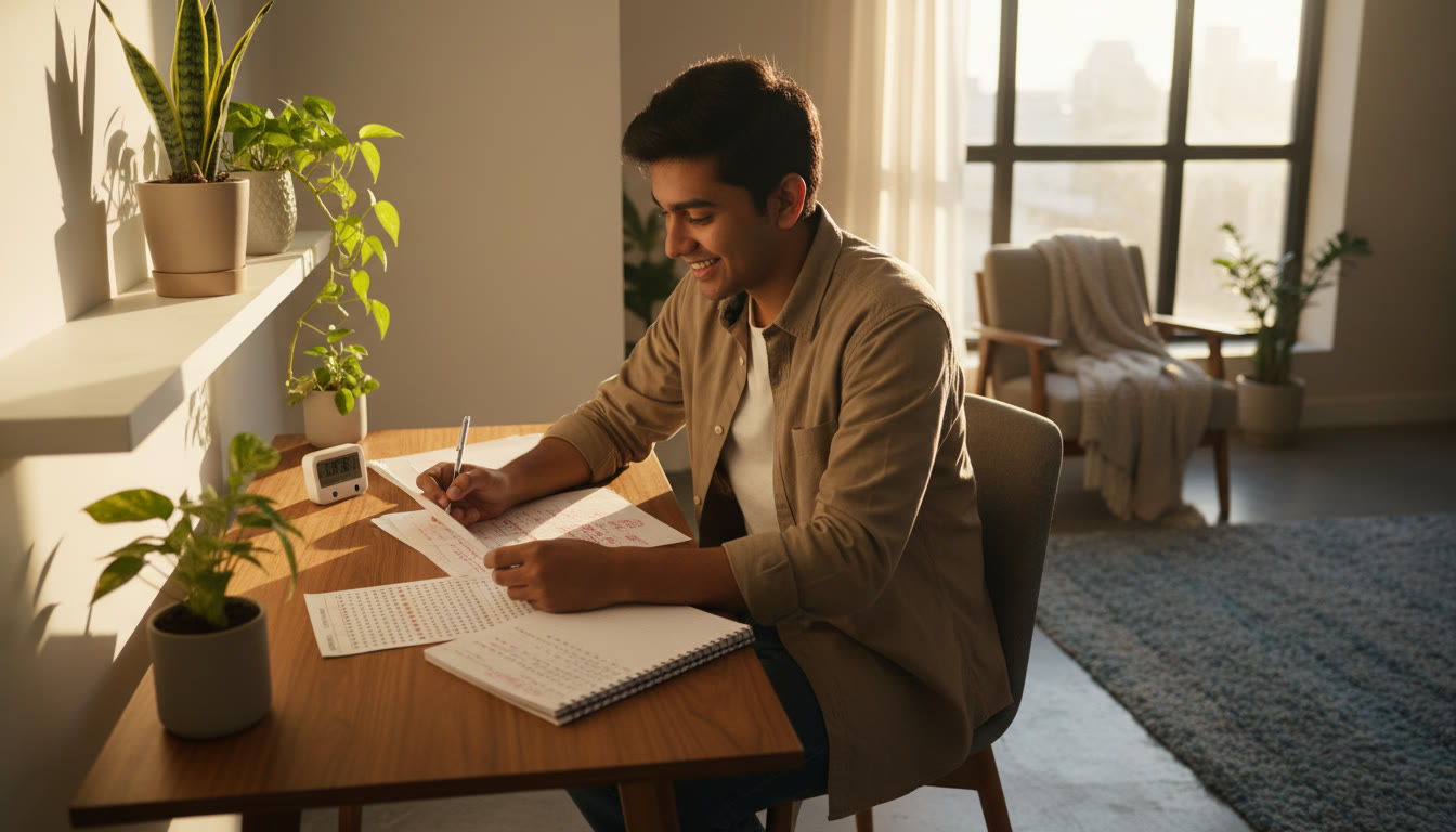 Photo Idea : Student reviewing a marked mock test with notes and a timer, OMR sheet visible on desk