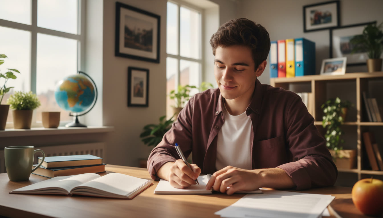 Photo Idea : A thoughtful IB student writing at a desk with two open notebooks labeled 