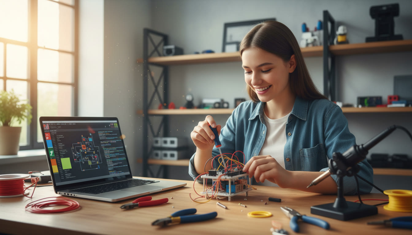 Photo Idea : Student working on a small robotics prototype at a workbench with tools and a laptop