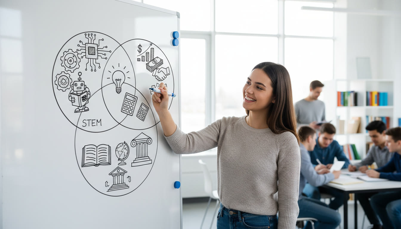Photo Idea : A student sketching a Venn diagram on a whiteboard showing overlap between STEM, Business, and Humanities