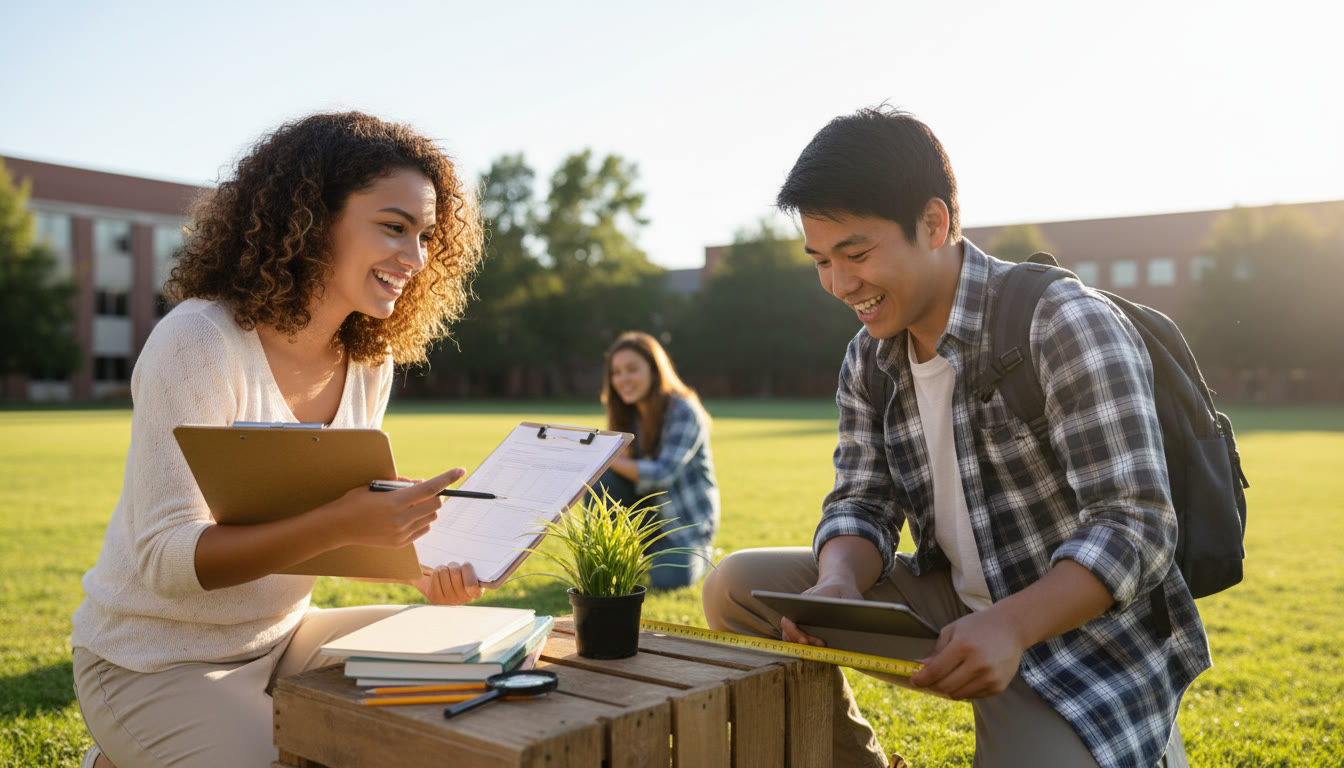 Photo Idea : Student conducting a short survey outdoors with a clipboard while another student records measurements