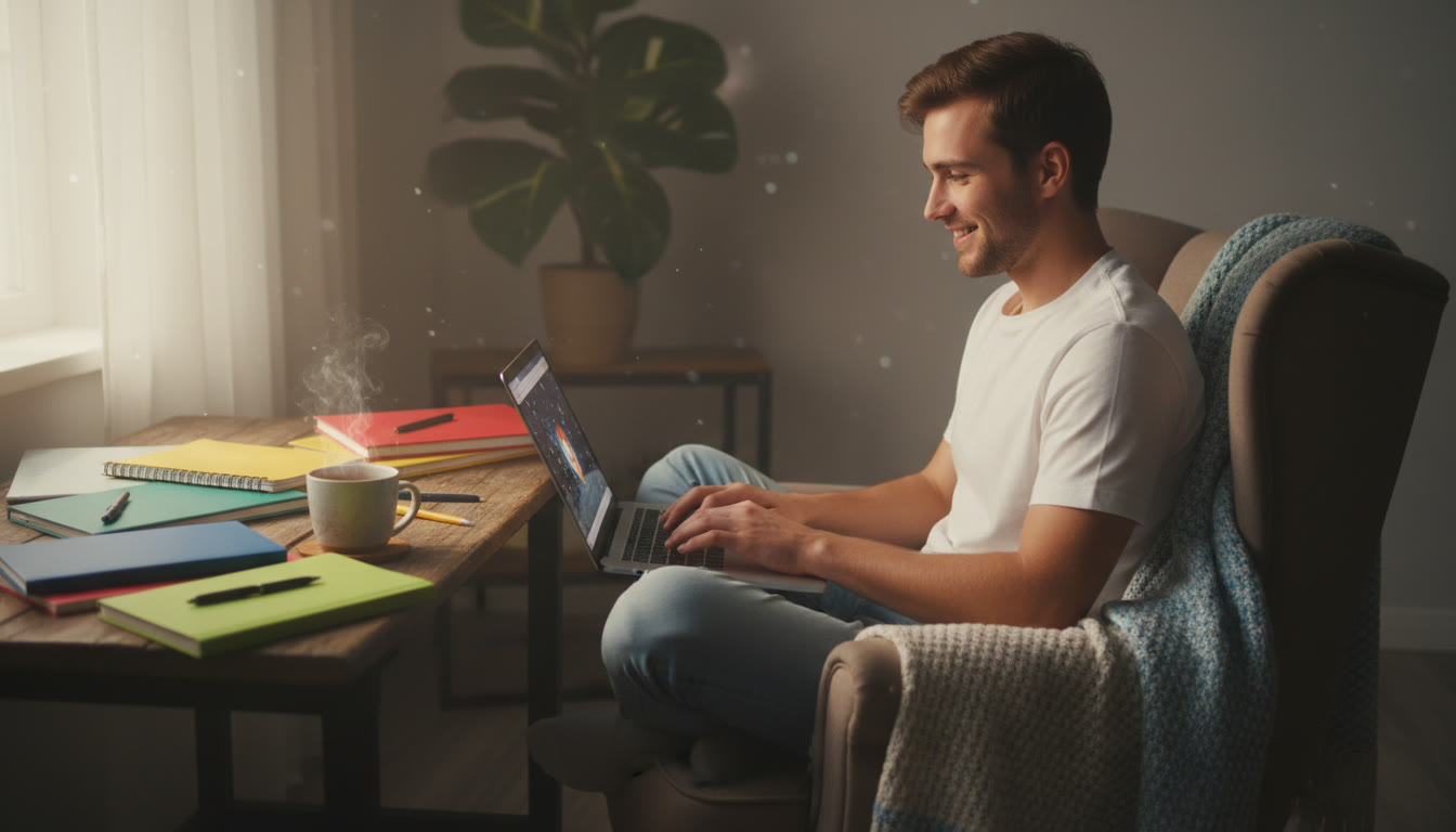 Photo Idea : Student writing on a laptop in a cozy study nook surrounded by IB notebooks and a cup of tea