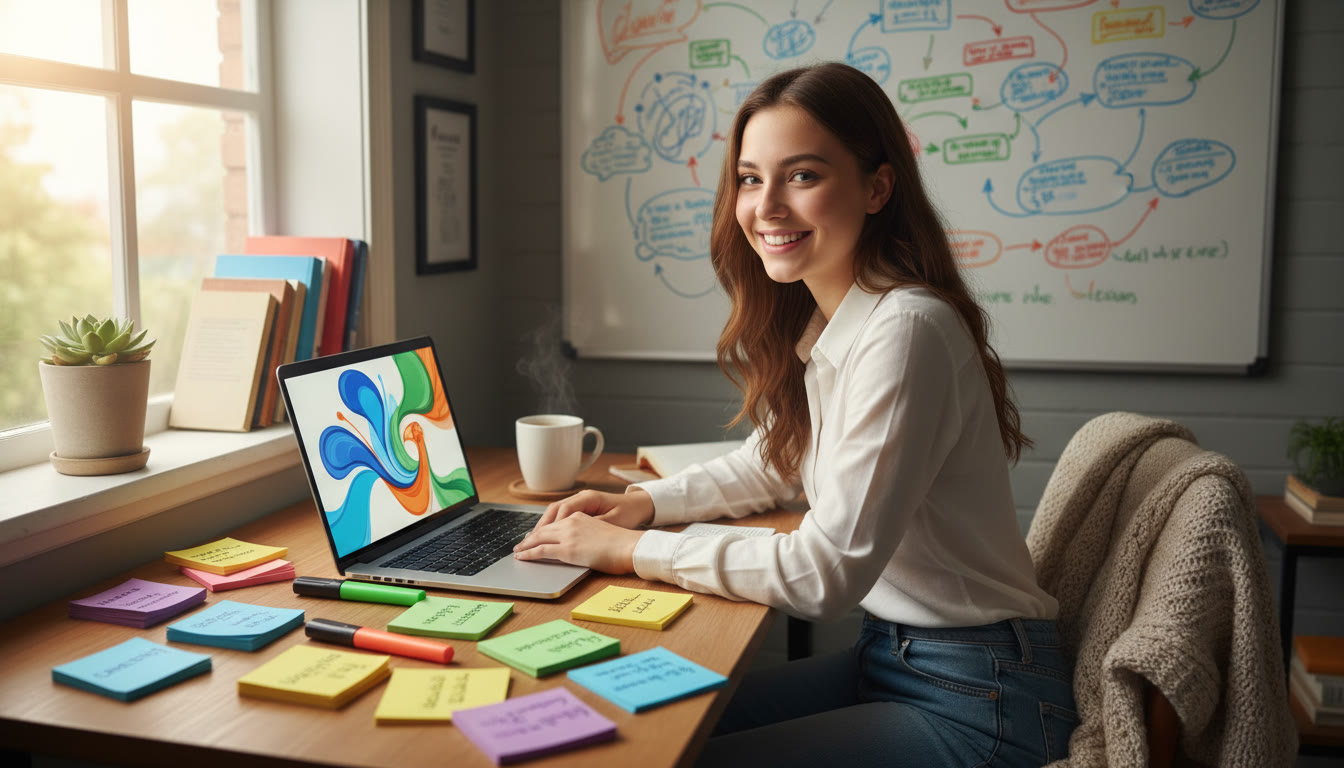 Photo Idea : A calm study corner with an IB student using color-coded notes and a laptop, smiling