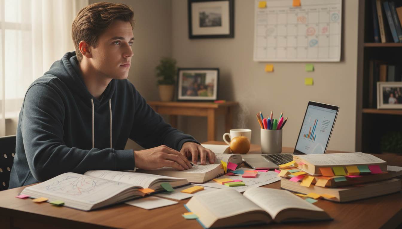 Photo Idea : A student at a desk with notes, sticky tabs, and a calendar, looking thoughtful but determined