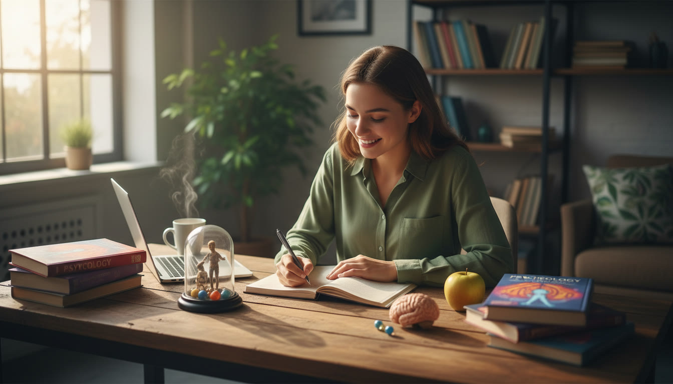 Photo Idea : A student writing notes at a desk with psychology textbooks and experiment materials, natural light