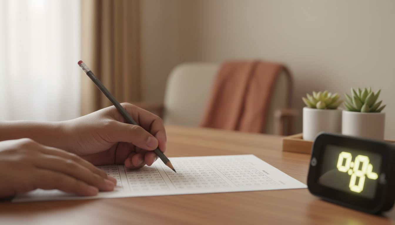 Photo Idea : Close-up of a hand filling bubbles on an OMR sheet with a pencil and a focused timer visible