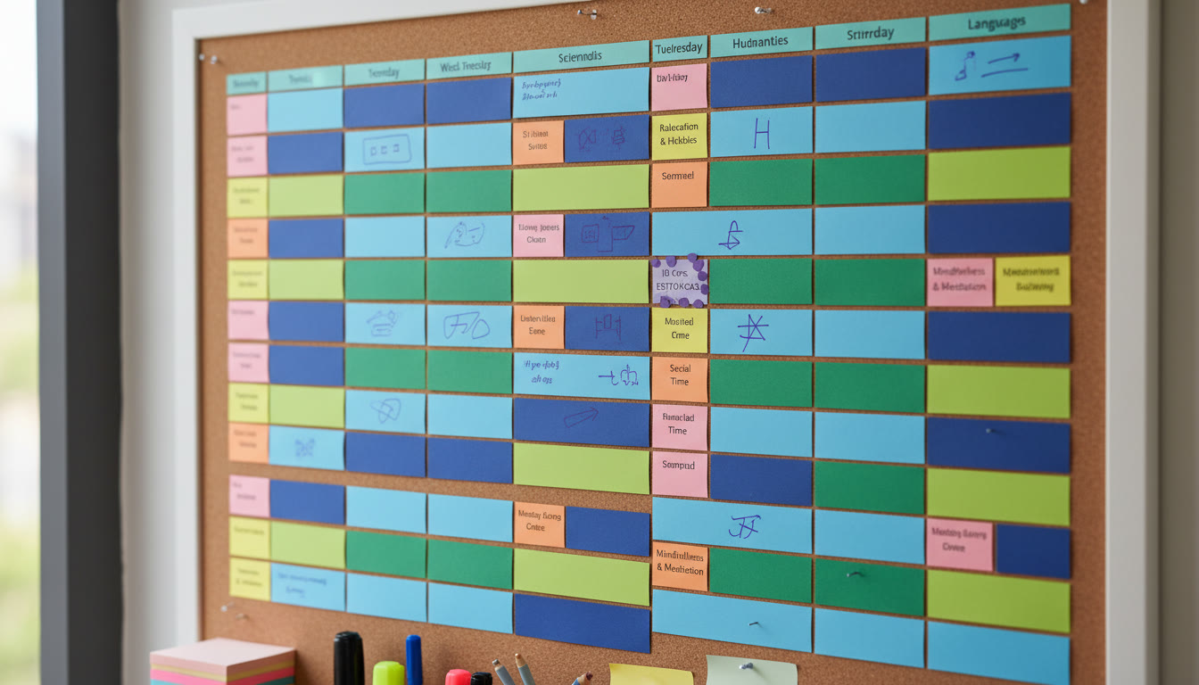 Photo Idea : Close-up of a timetable on a wall with colour-coded study blocks and relaxation slots