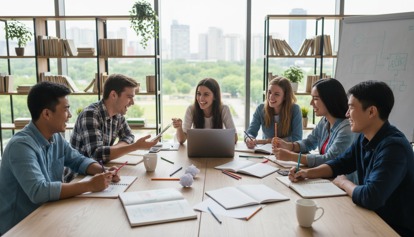 Photo Idea : A diverse group of IB students brainstorming a CAS project around a table with notebooks and a laptop