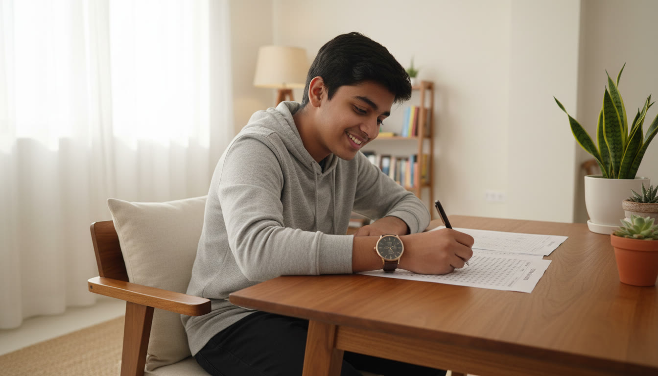 Photo Idea : Student taking a timed mock test with a watch, OMR sheet, and a calm study space