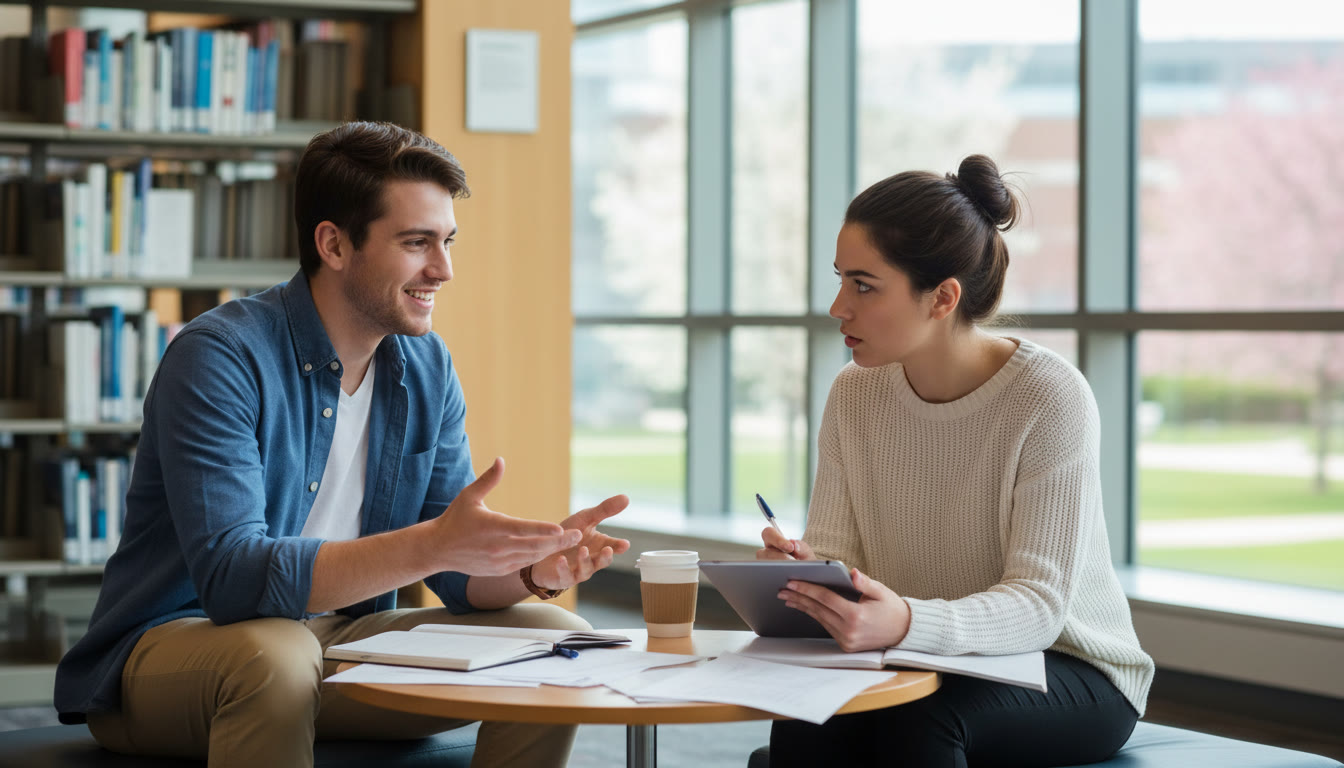 Photo Idea : Two students practicing a mock interview, one listening intently while the other speaks