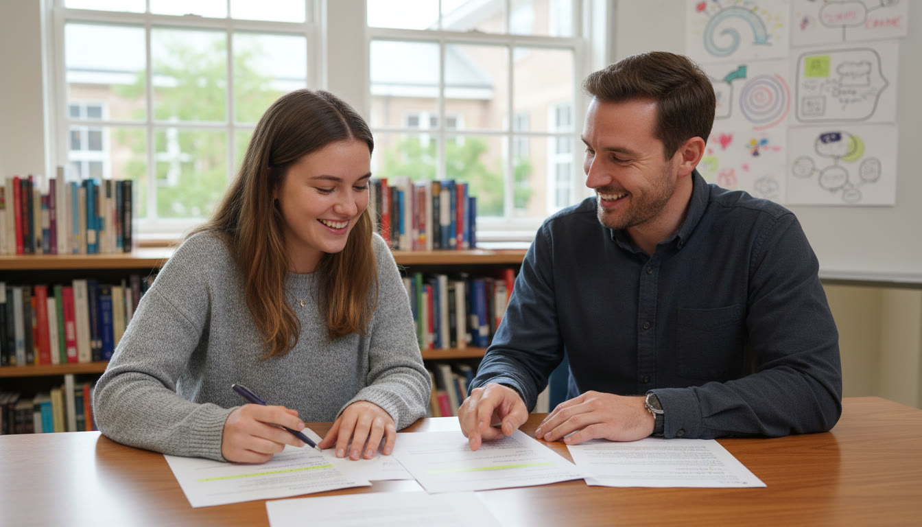 Photo Idea : A student and a supervisor discussing a printed draft at a classroom table