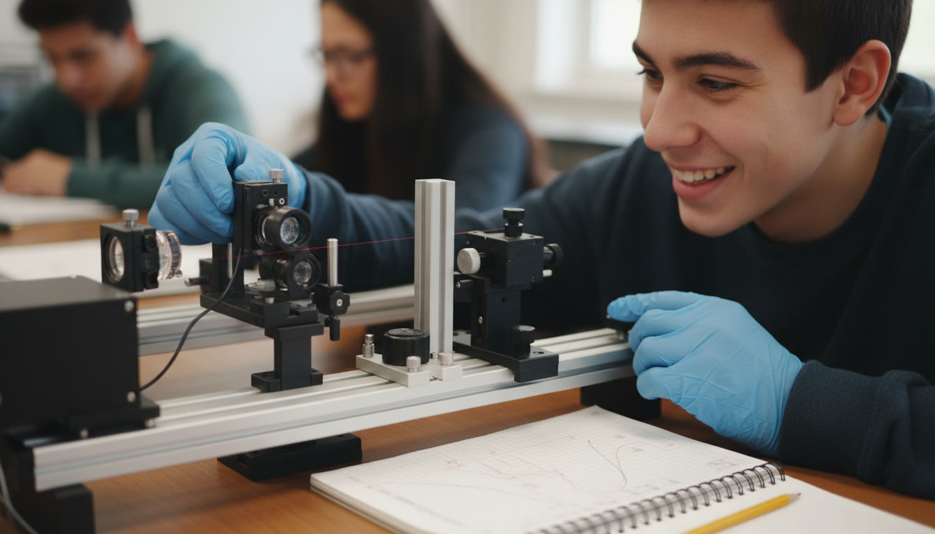 Photo Idea : Close-up of a student adjusting a optics bench with a notebook of plotted data