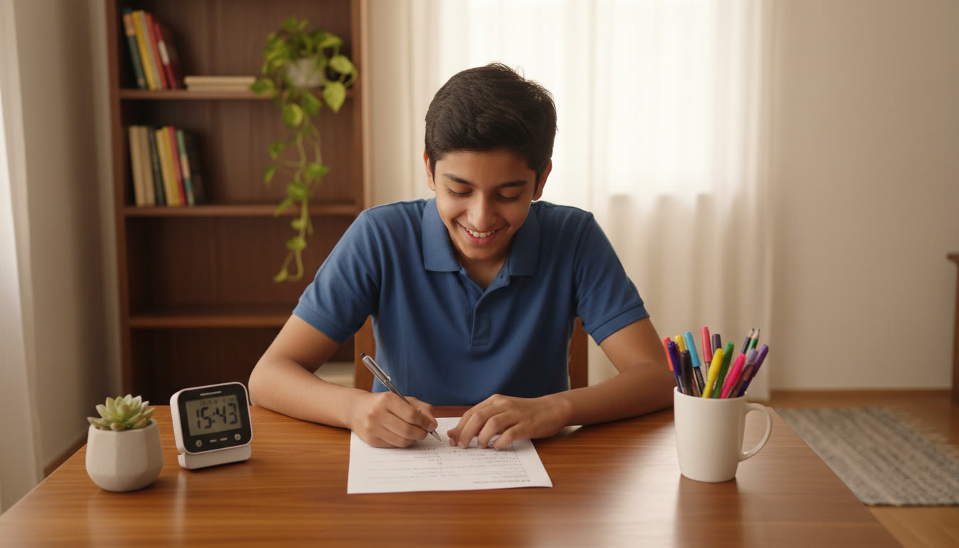 Photo Idea : A focused student at a tidy desk, solving a printed sample paper with a timer and coloured pens nearby