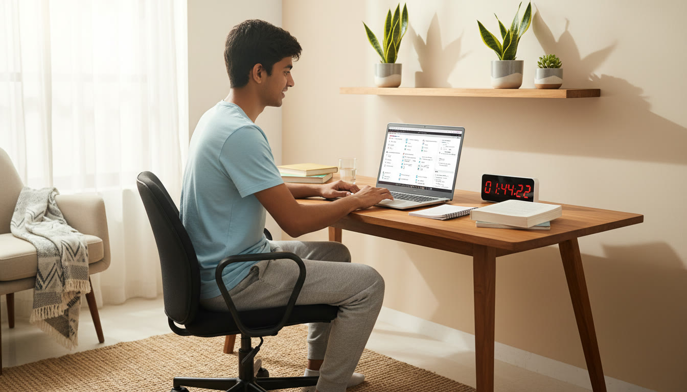 Photo Idea : Student taking a full-length mock test at a desk, digital clock showing elapsed time