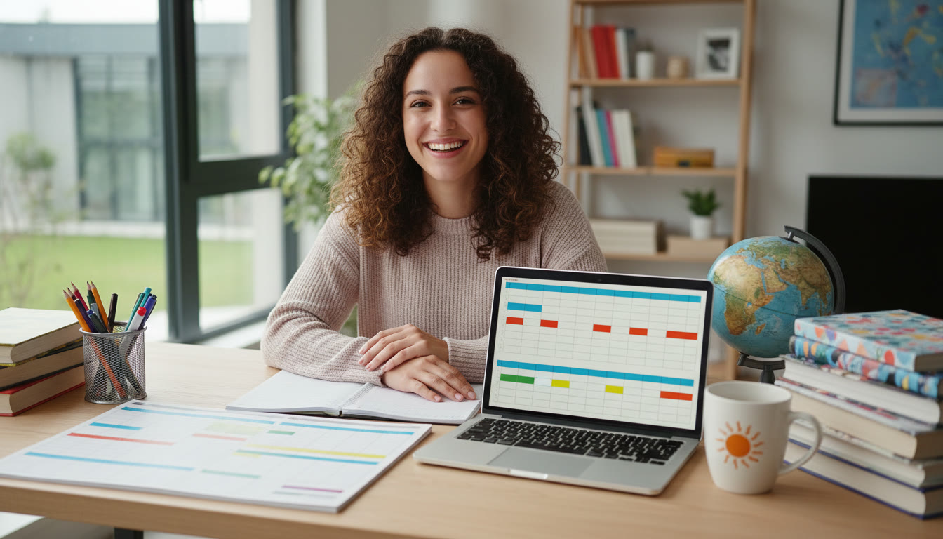 Photo Idea : Student at a desk with a color-coded weekly planner, textbooks stacked, and a laptop open to a timetable