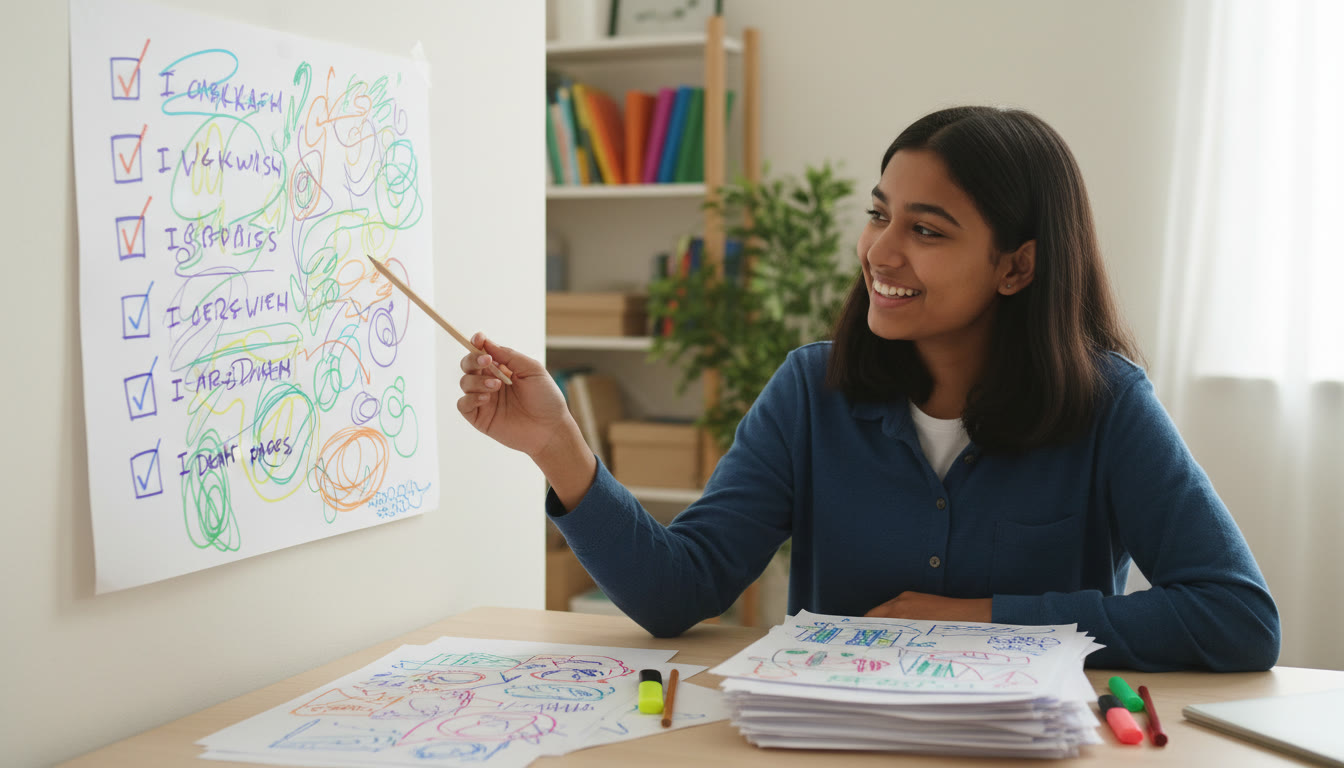 Photo Idea : Student at desk with colorful checklist and IA draft pages
