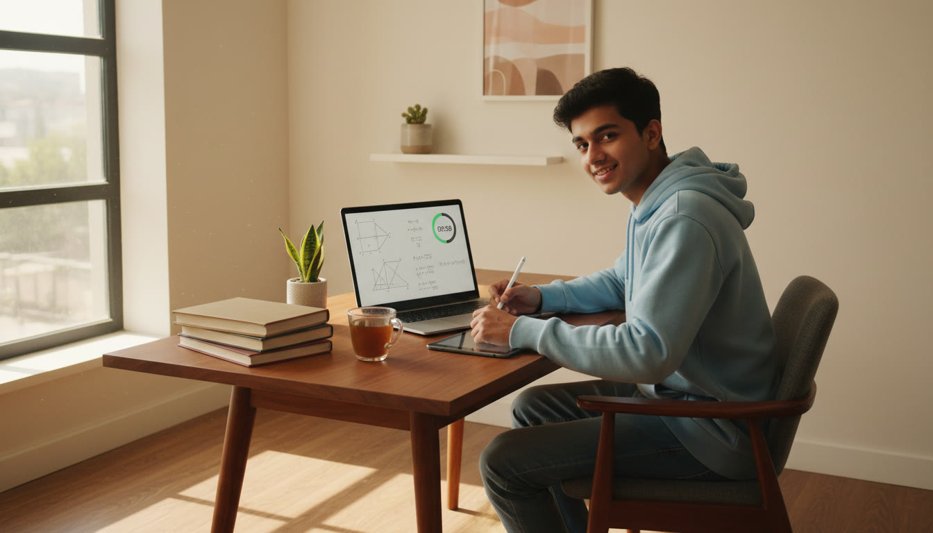 Photo Idea : A focused student solving physics problems on a laptop with a visible countdown timer