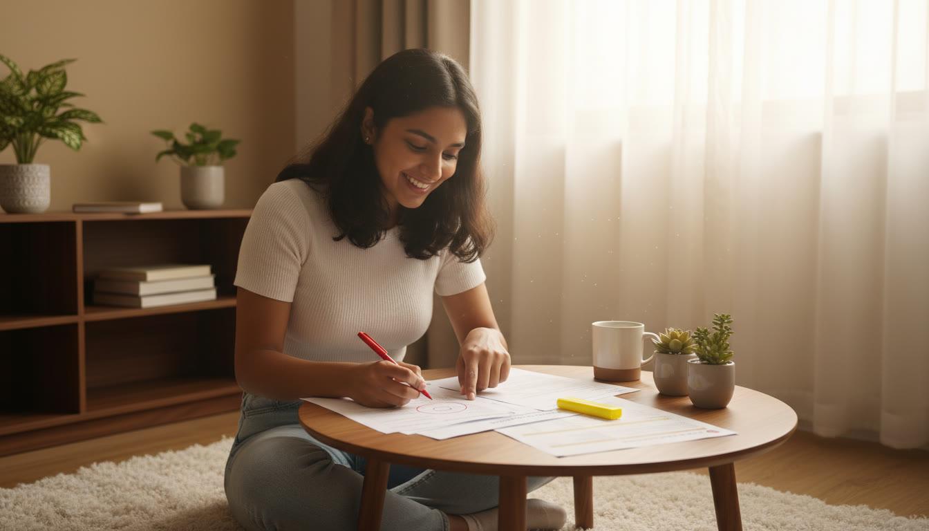 Photo Idea : Student reviewing a mock test with a printed error log, highlighter visible