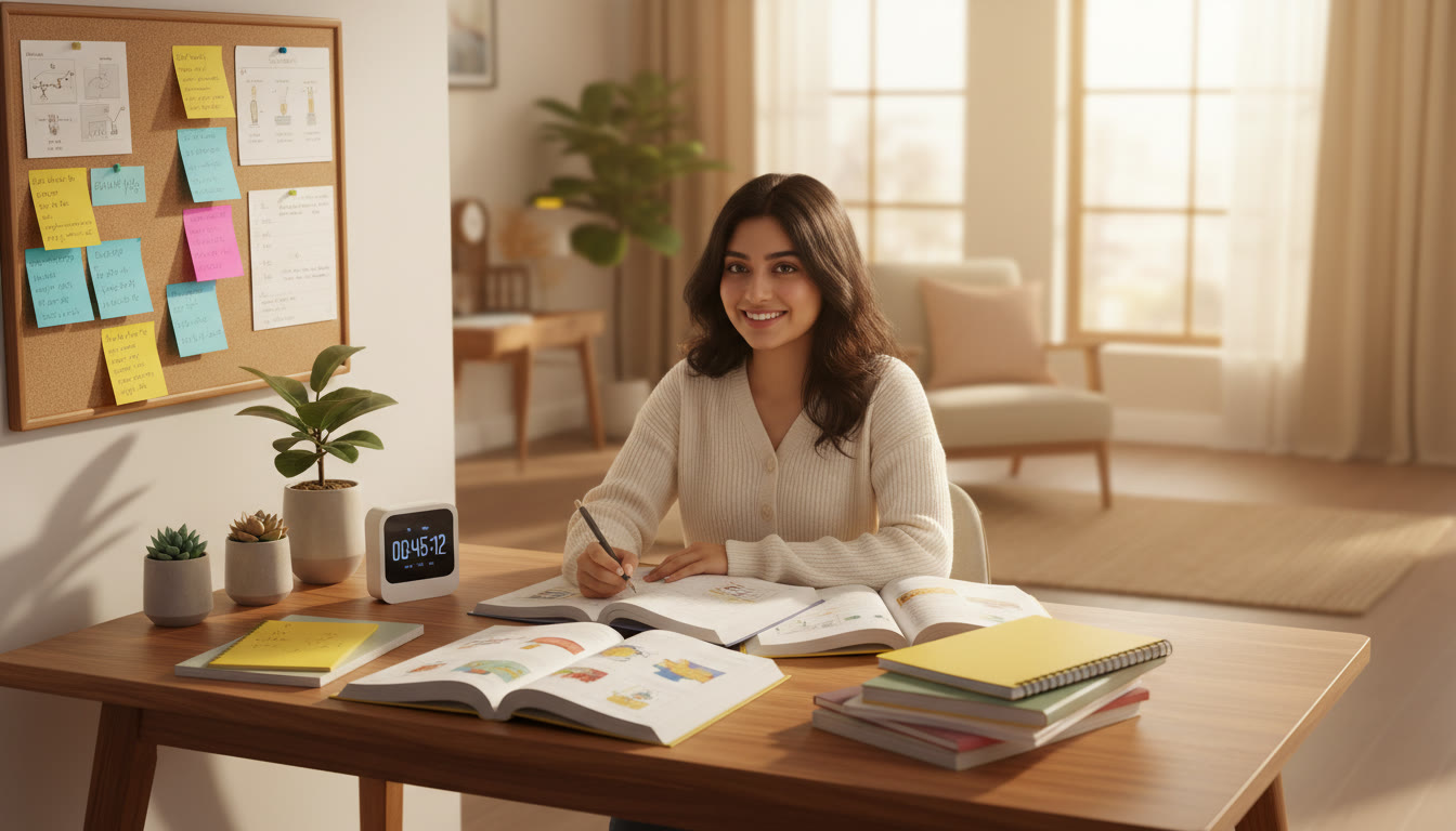 Photo Idea : Student at a desk with color-coded notes, a timer and open textbooks