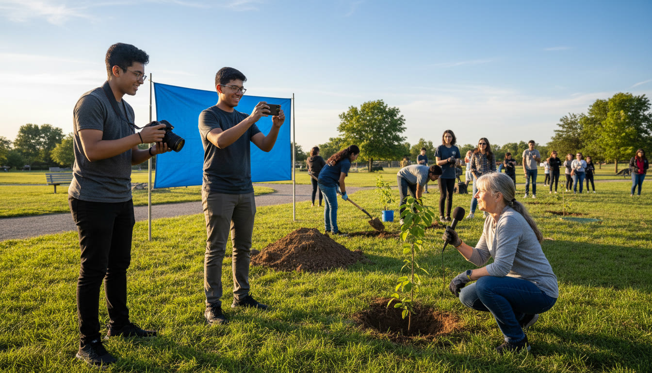 Photo Idea : Students photographing community volunteers planting trees while recording short interview clips on a smartphone