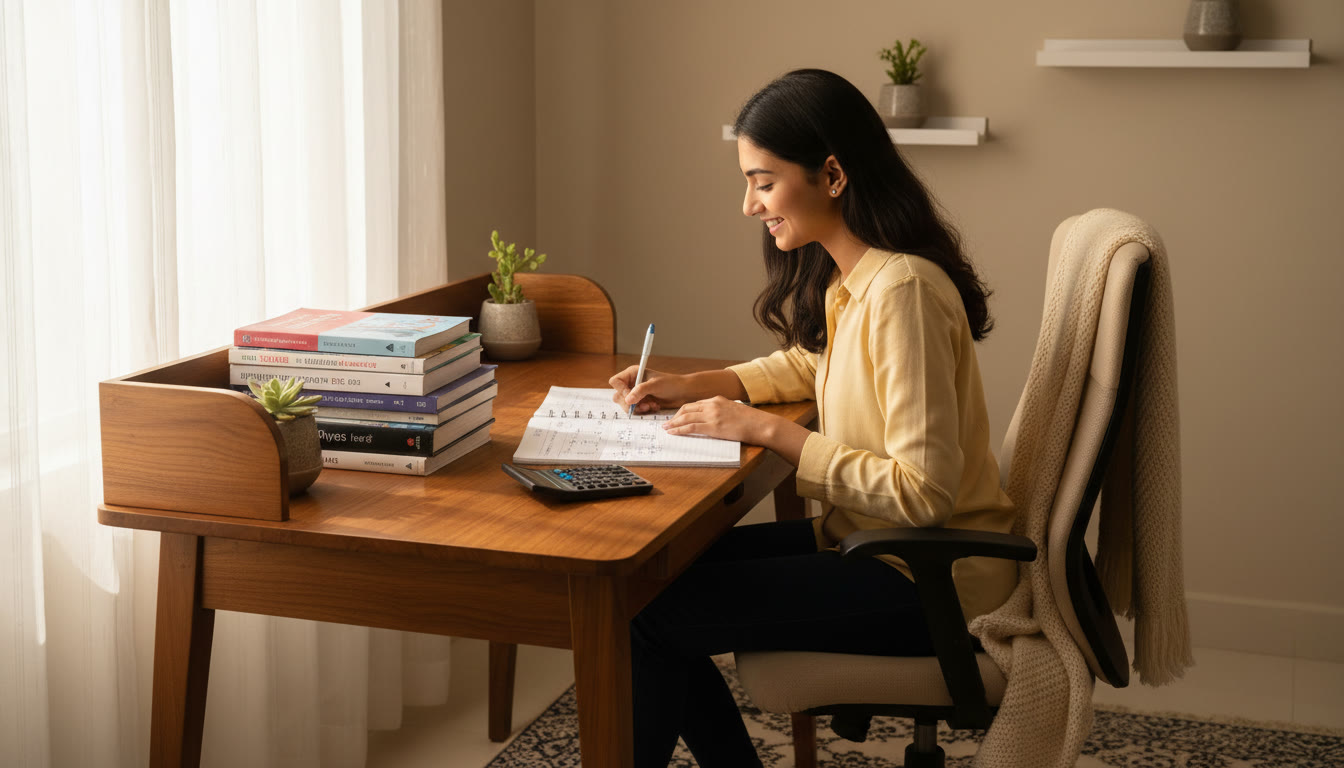 Photo Idea : A student at a tidy desk solving ISC Physics numerical problems with an open notebook, calculator, and a stack of textbooks nearby.