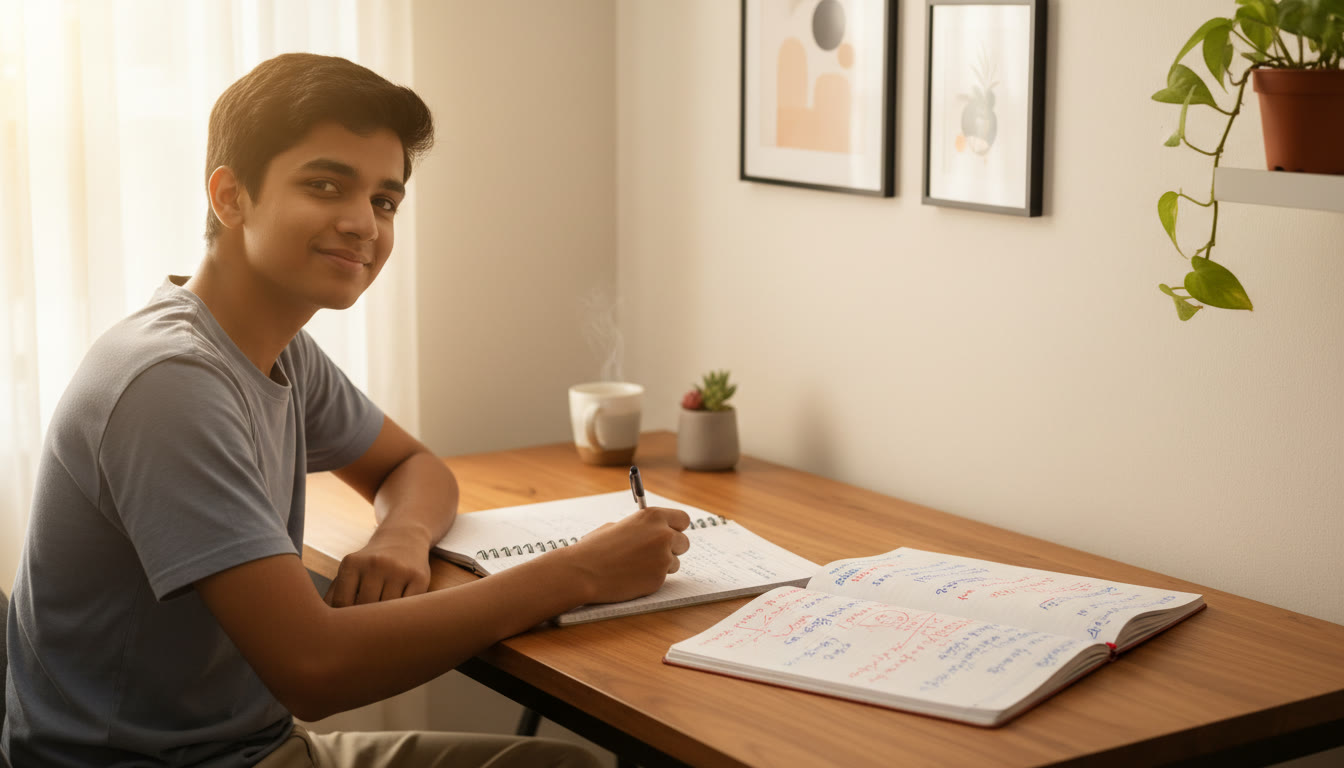 Photo Idea : A student calmly solving a physics problem at a desk with a notebook of annotated mistakes beside them