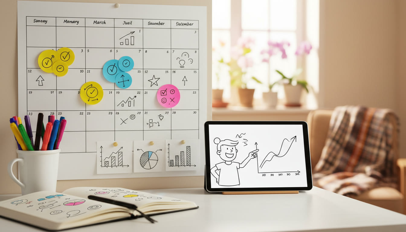 Photo Idea : annotated calendar on a desk with coloured sticky notes and mock scores