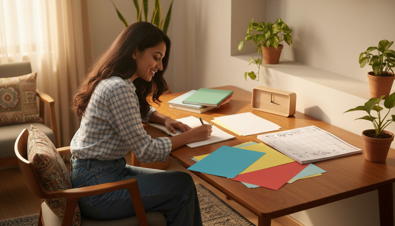 Photo Idea : A focused student at a tidy desk, color-coded notes spread out, a clock showing study time, and a planner open to a weekly schedule