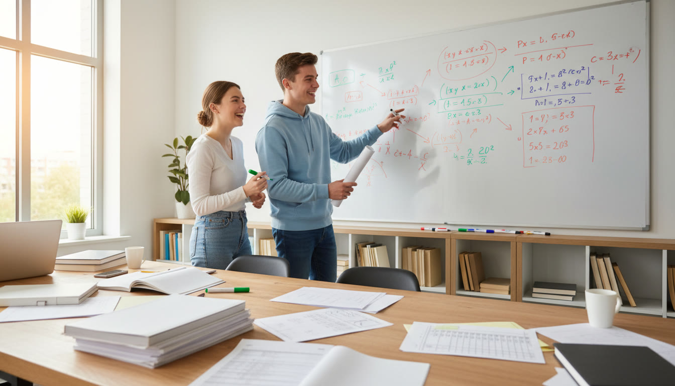 Photo Idea : Two students working at a whiteboard with past papers and markschemes