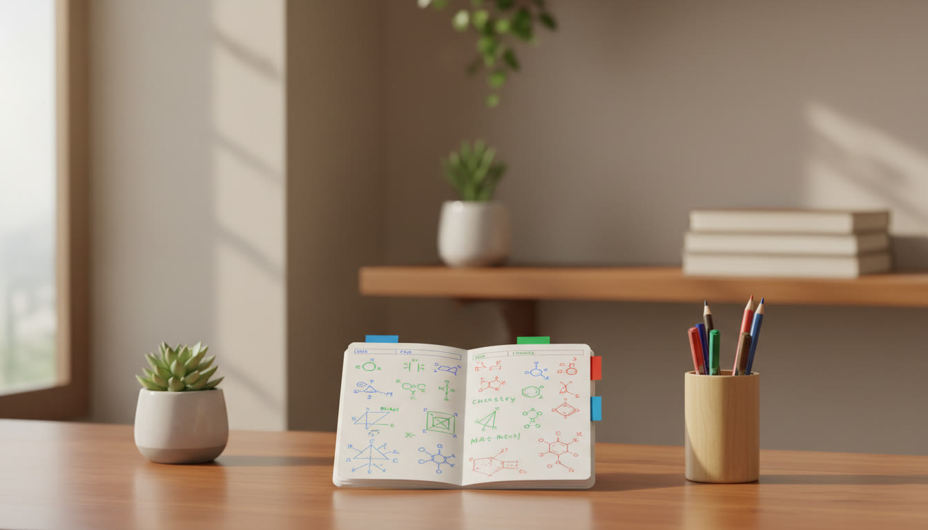 Photo Idea : A small notebook open to a tidy one-page formula sheet with color-coded subject tabs