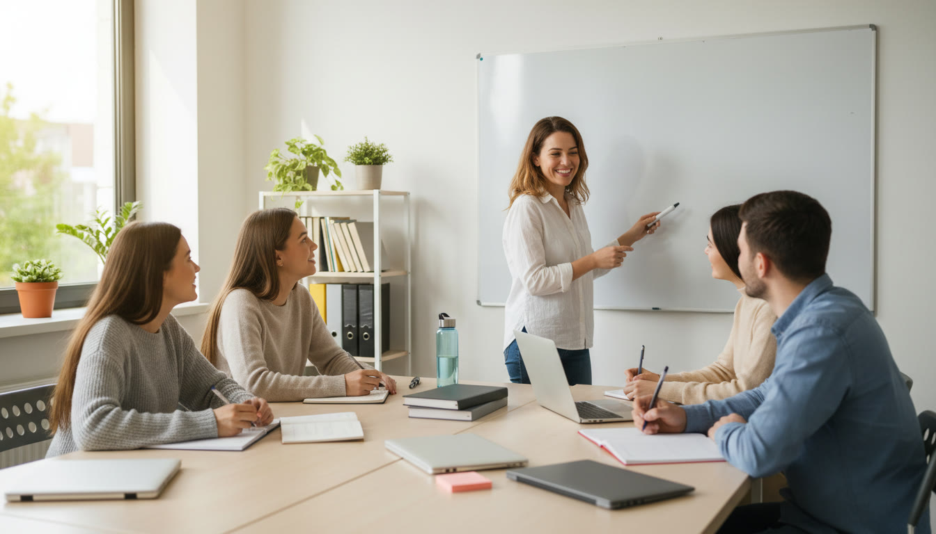 Photo Idea : A small group tutorial with a tutor pointing at a whiteboard and students taking notes