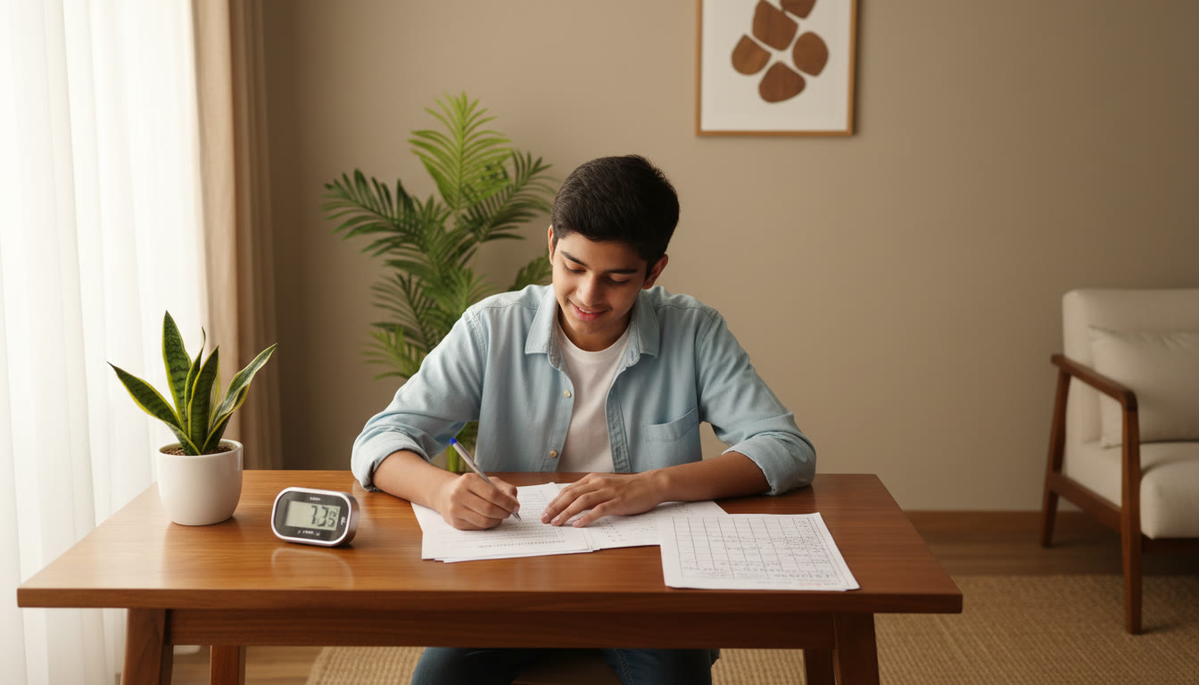 Photo Idea : A student taking a full-length mock test at a desk with stopwatch and neatly organized rough work