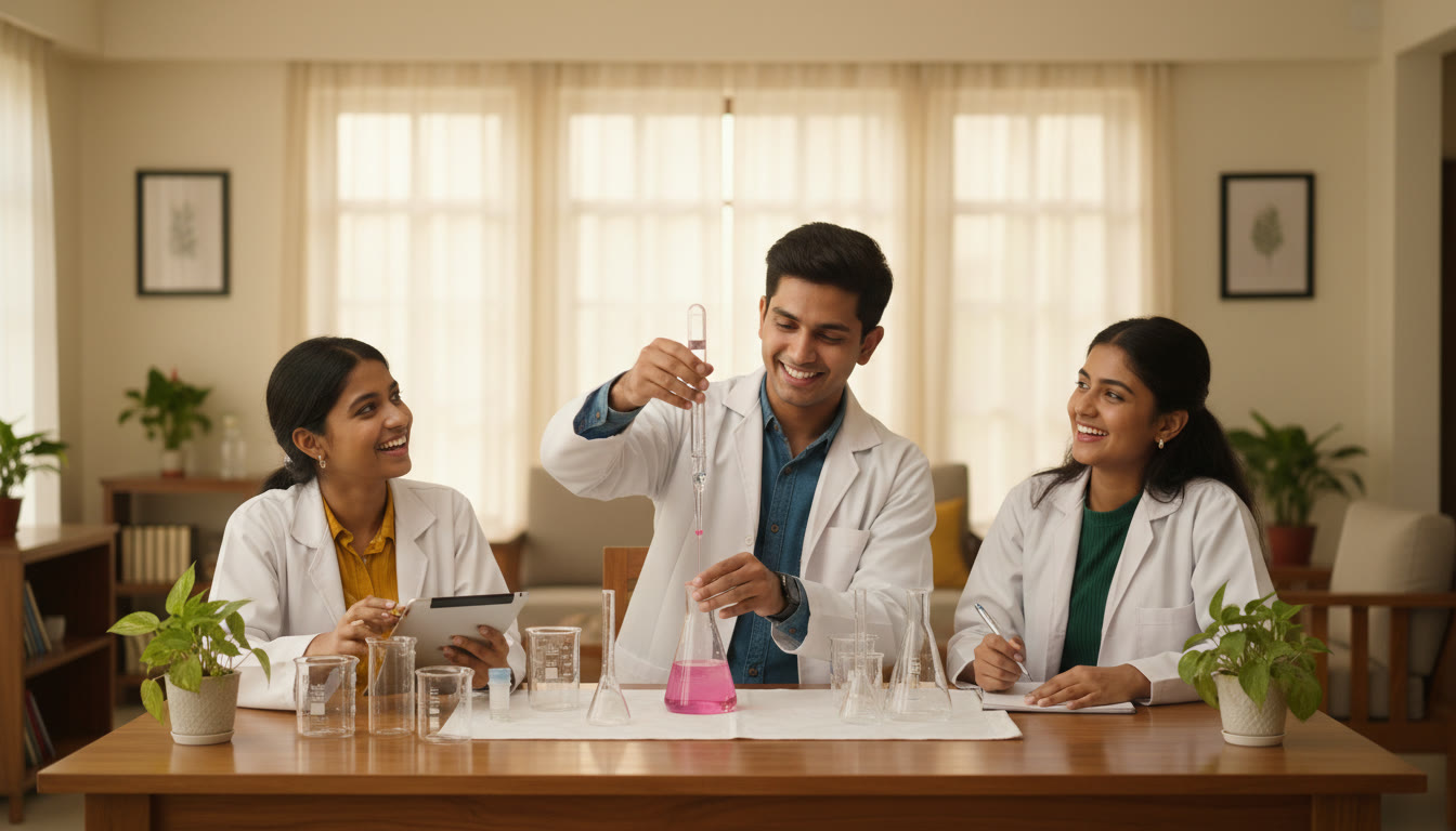 Photo Idea : Students in white lab coats performing a titration with a burette and glassware on a neat bench