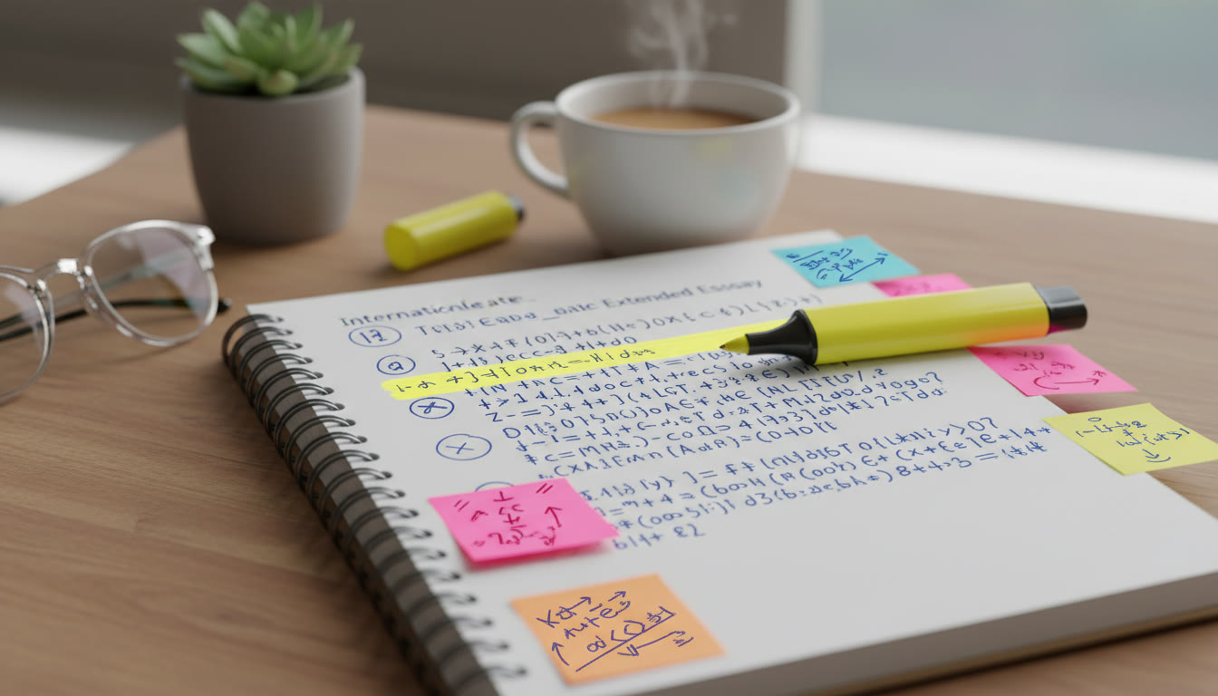 Photo Idea : close-up of an annotated Extended Essay draft with a highlighter and sticky notes