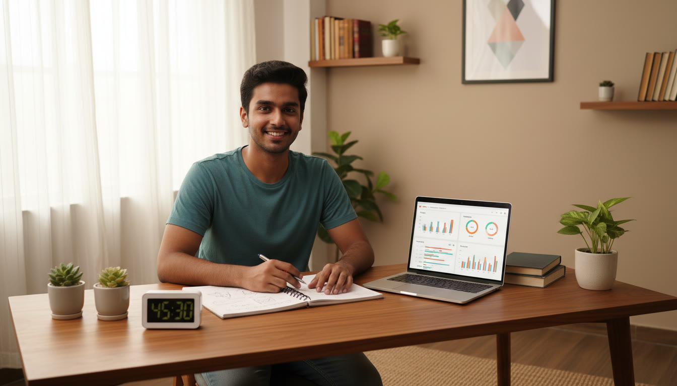 Photo Idea : Student at a tidy desk with open notebook, timer running, and a laptop showing a mock-test dashboard.