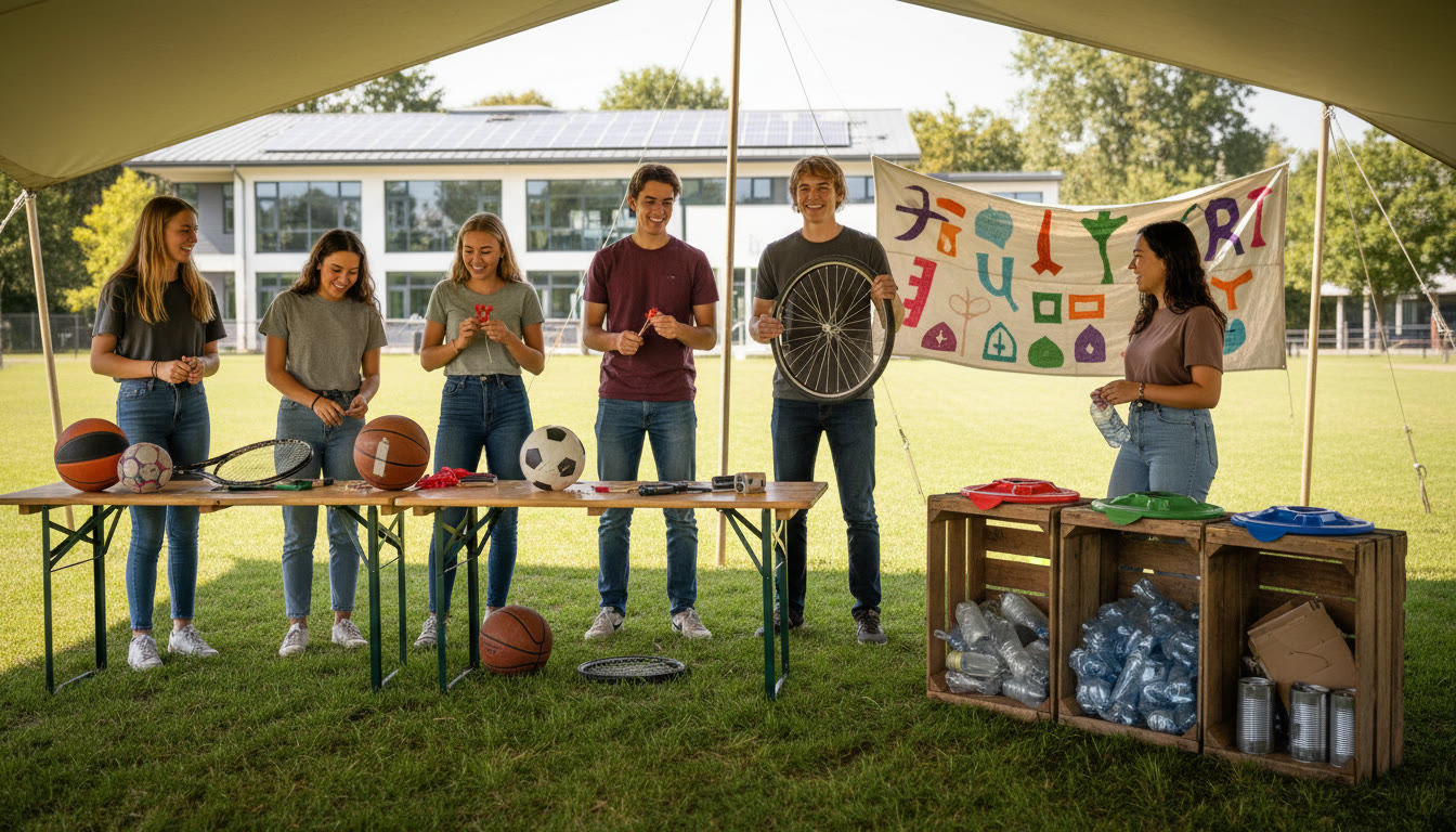 Photo Idea : Student leaders holding a sustainability workshop, showing repaired sports equipment and a recycling station