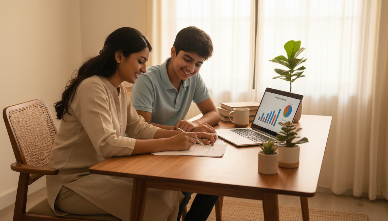 Photo Idea : A tutor and student reviewing a mock test paper together with a laptop showing performance analytics