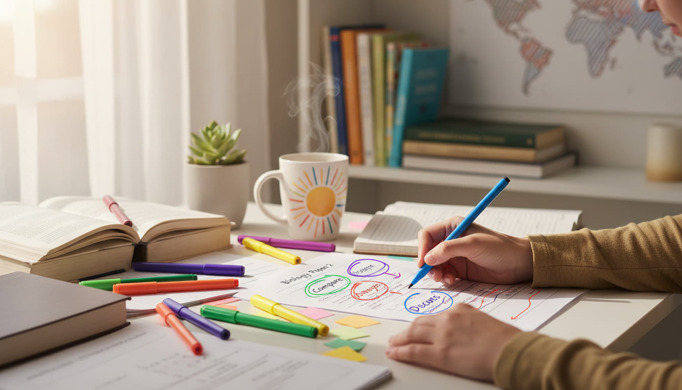 Photo Idea : A student annotating an exam paper with colored pens, circling command terms